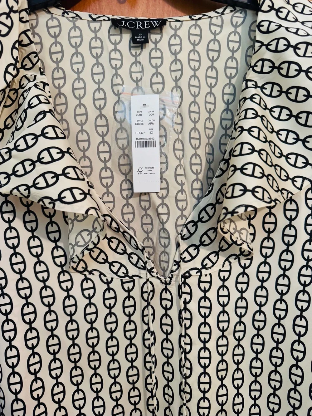 J. Crew Cream and Black Printed Ruffle V-Neck Blouse